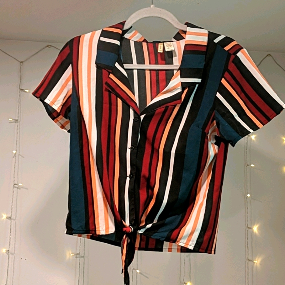 Striped Shirt Sleeve Collar Button Up